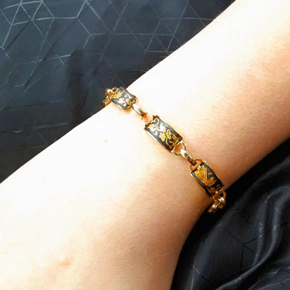 Damascene Link Panel Bracelet 6" Women's Etched Black Gold Safety Chain Jewelry